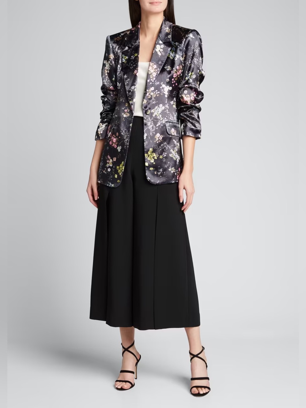 Cinq à Sept Soft Kylie Floral Satin Ruched Sleeve Blazer Black Multi 0 NWT $495